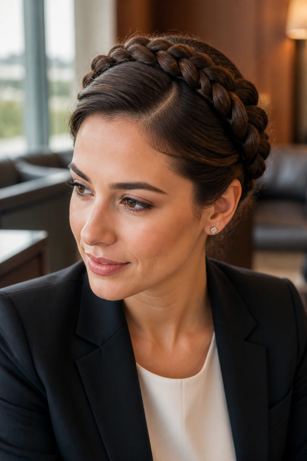 Close-up of a real woman with a crown braid around the head and a side part in an office setting
