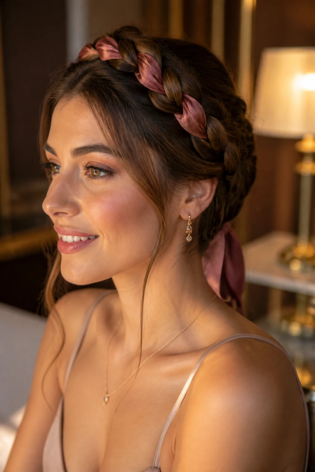 Close-up of a real woman wearing a crown braid with a silk ribbon woven in