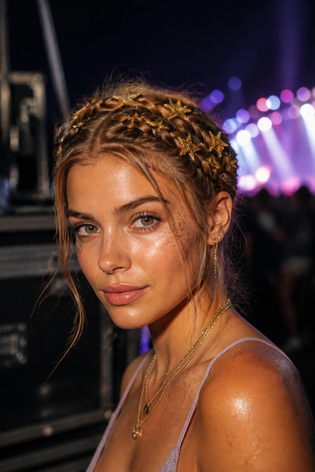 Close-up of crown braid with star patches on a real person at a night festival backstage