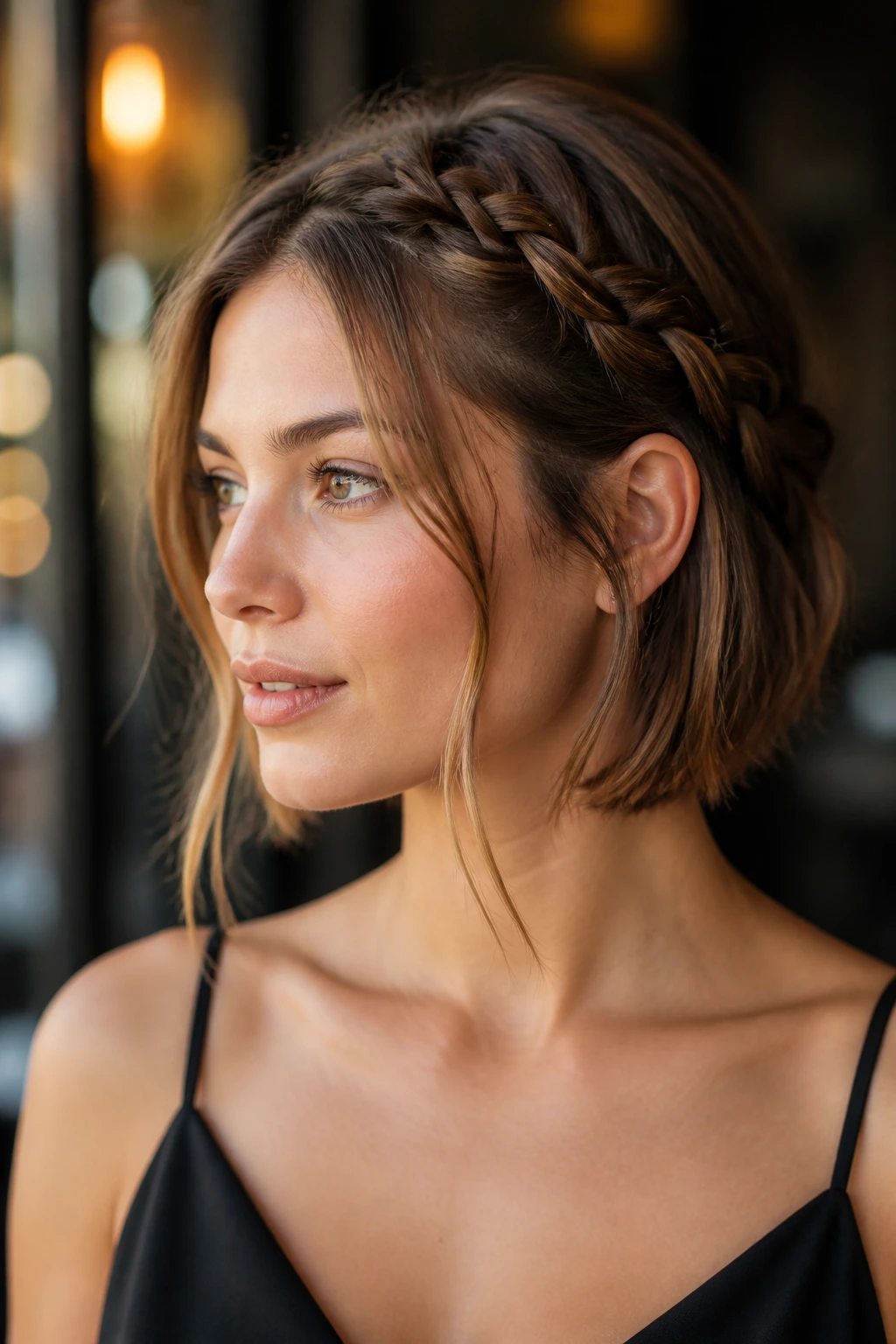 Close-up of a real woman with a crown braid and loose tendrils framing the face
