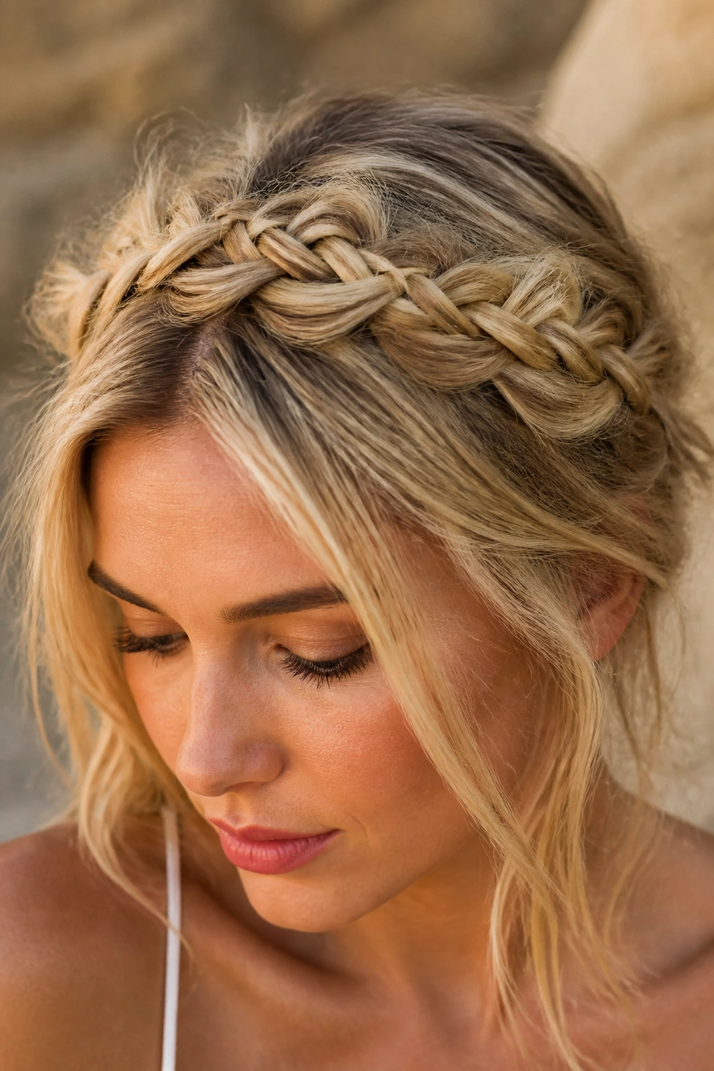 Close-up of a real person with a textured crown braid across the top of the head.