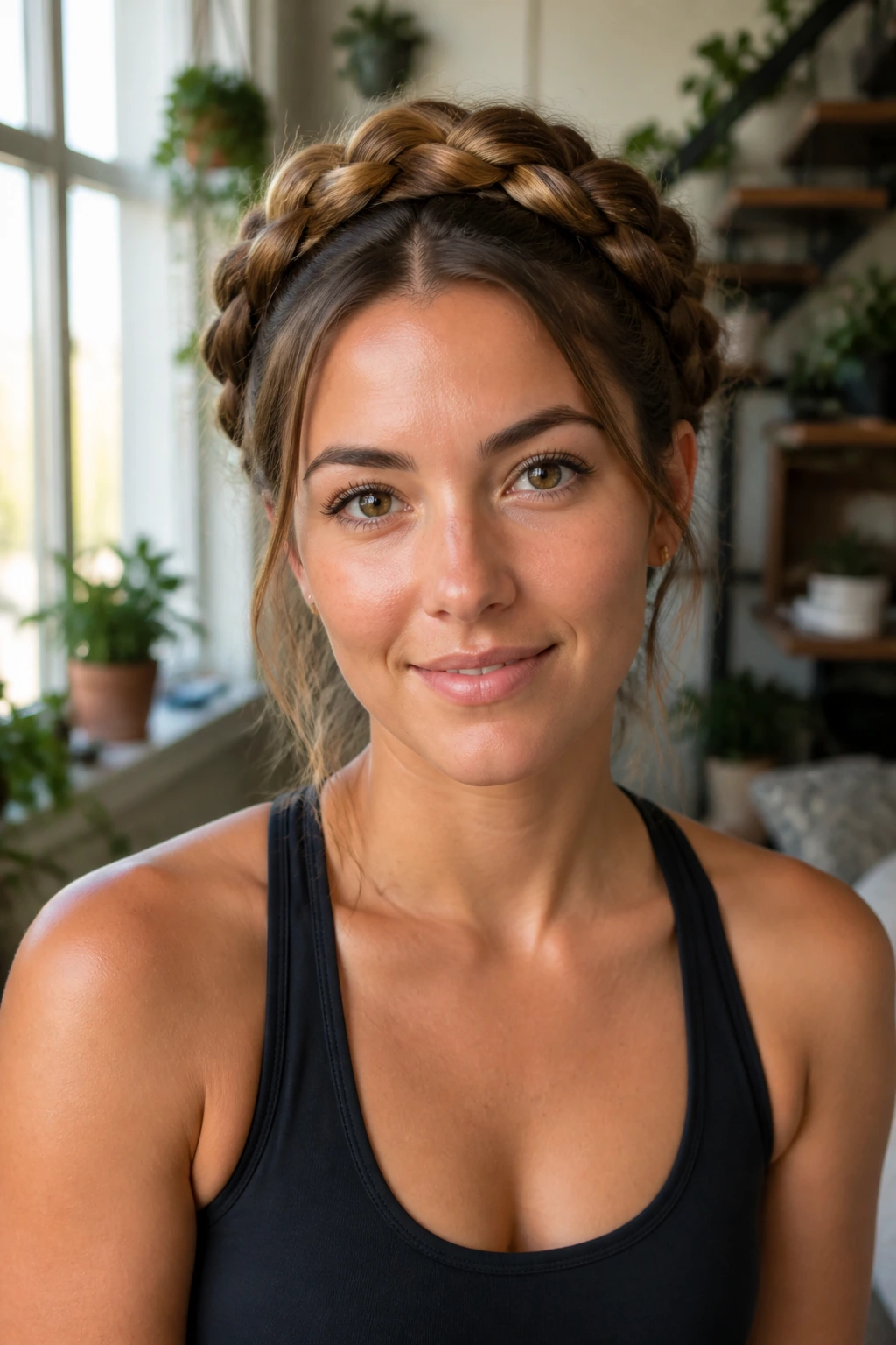 Front-facing portrait showing a crown braid with diagonal twist around the head