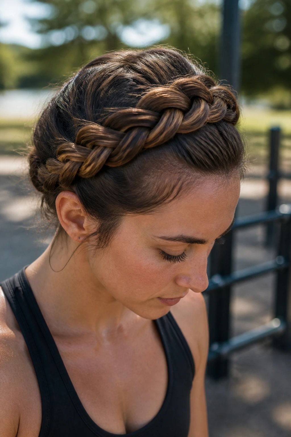 Close-up of a real woman wearing a crown braid with a twist during workout