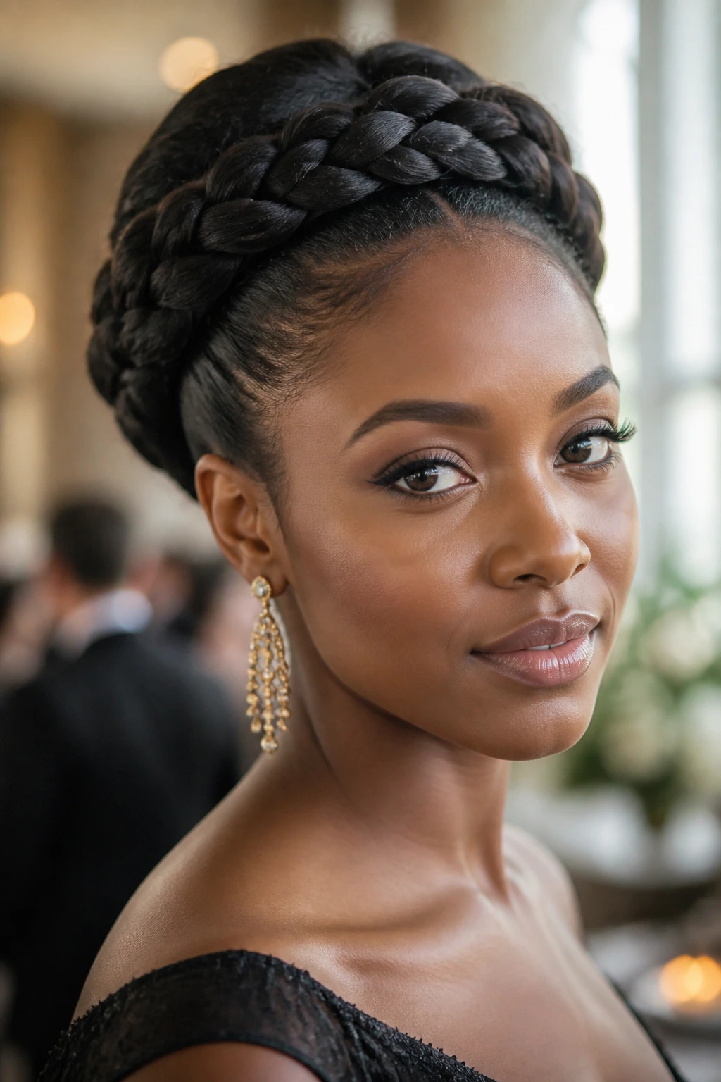 Real woman with crown braid updo, circular braid around the head.
