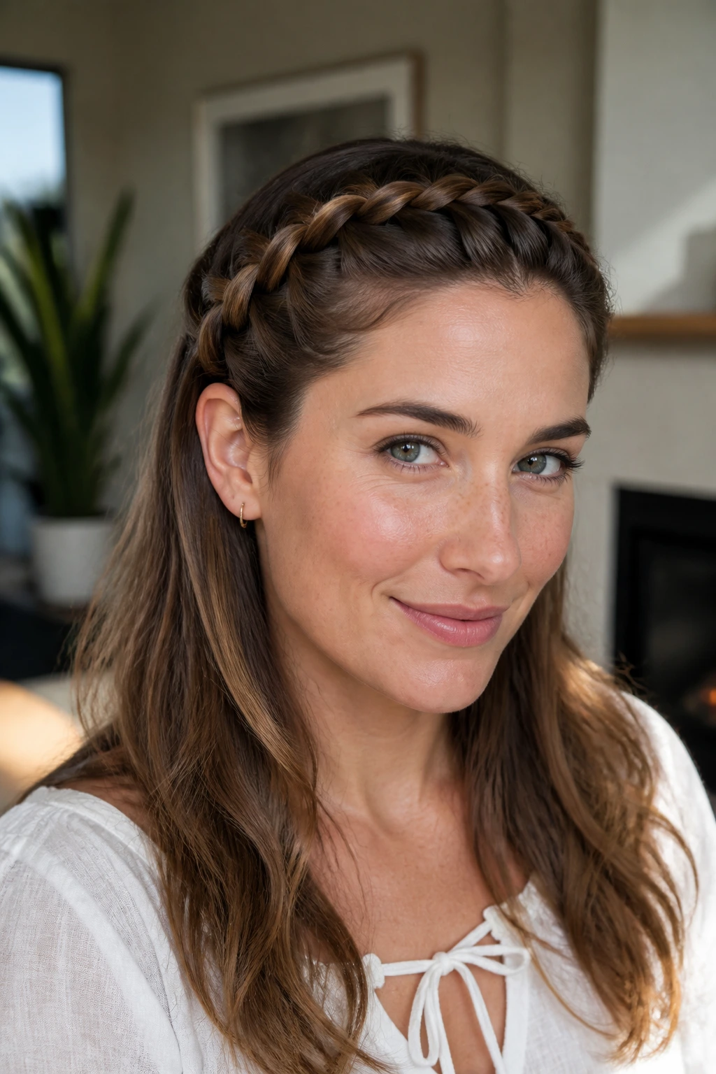 Portrait of a woman with two mini crown braids across the front of the head, anchored behind the ears.