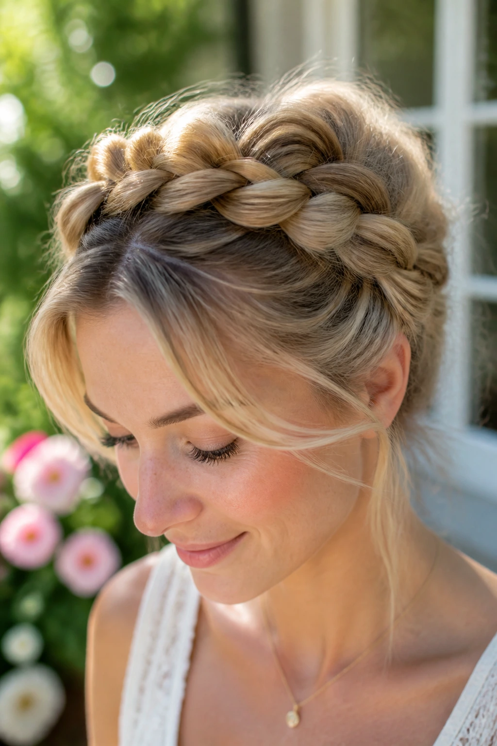 Portrait of a real woman with a voluminous crown braid.