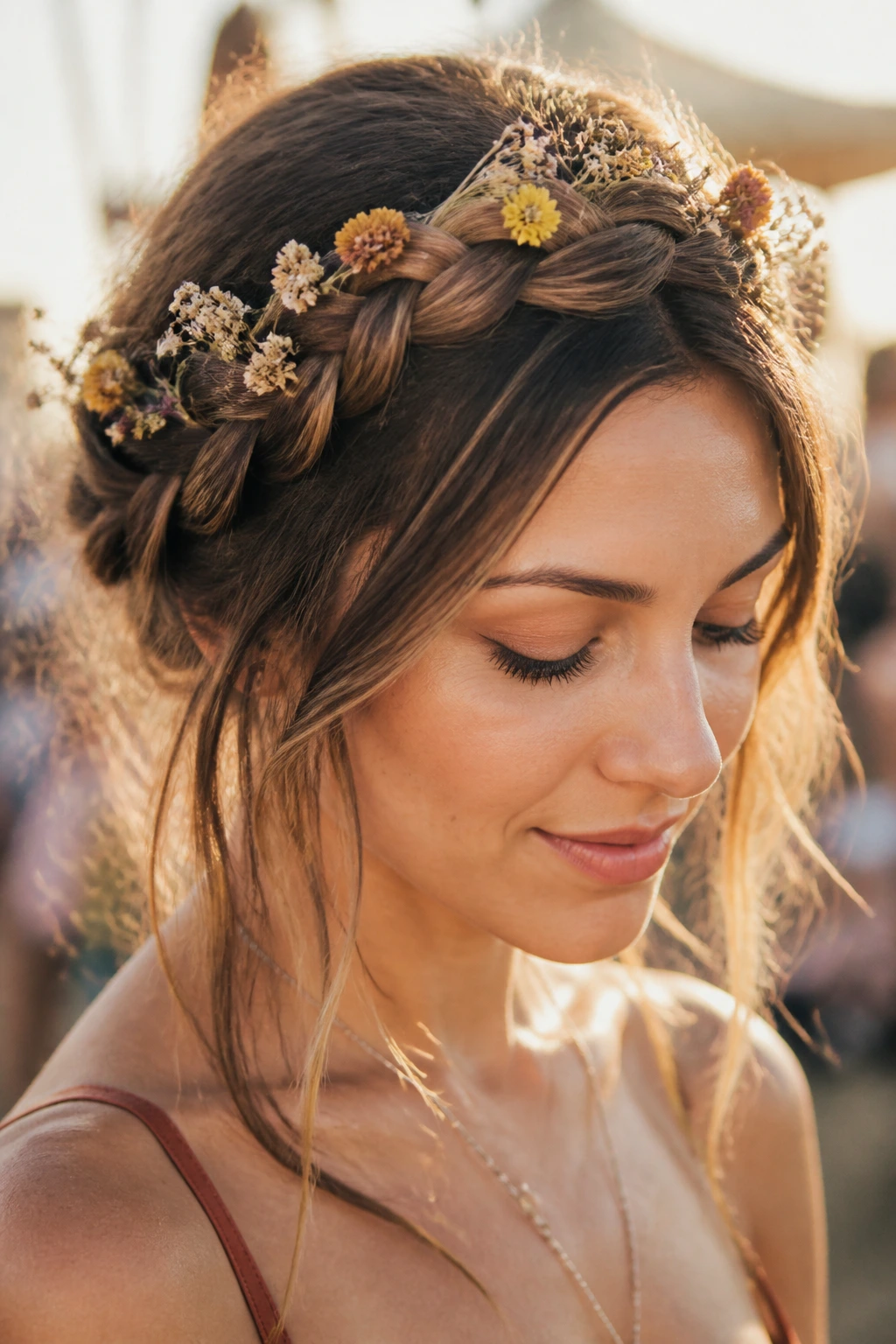 Close-up of a real woman wearing a crown braid with dried wildflowers at festival