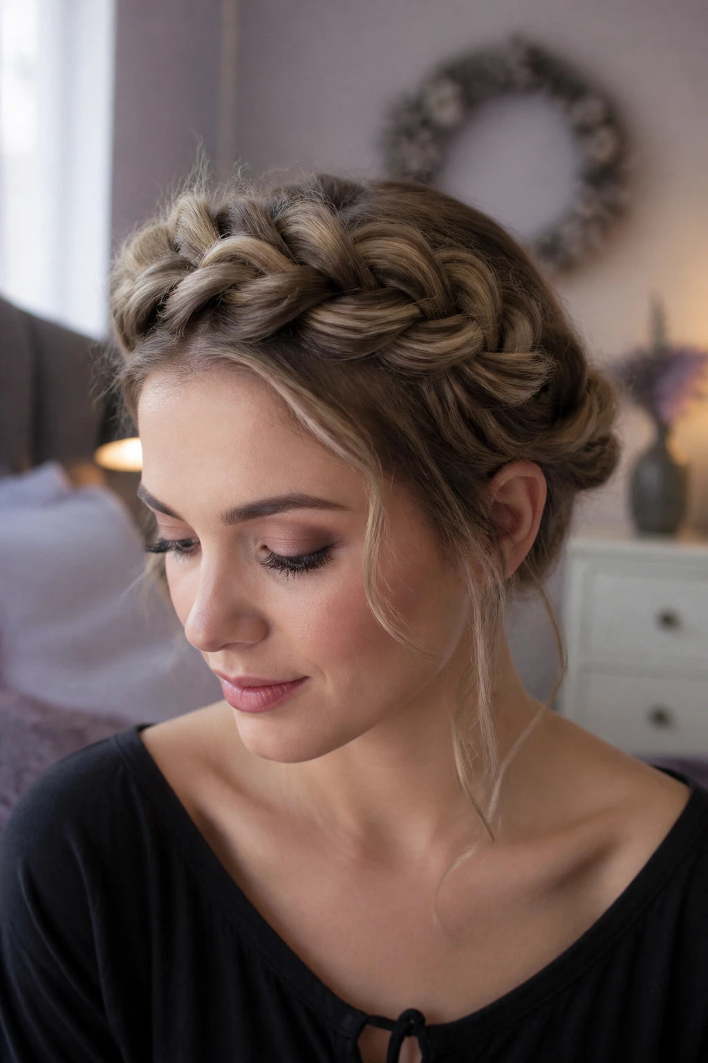 Real woman with a loose crown braid around the head for witchy crown look