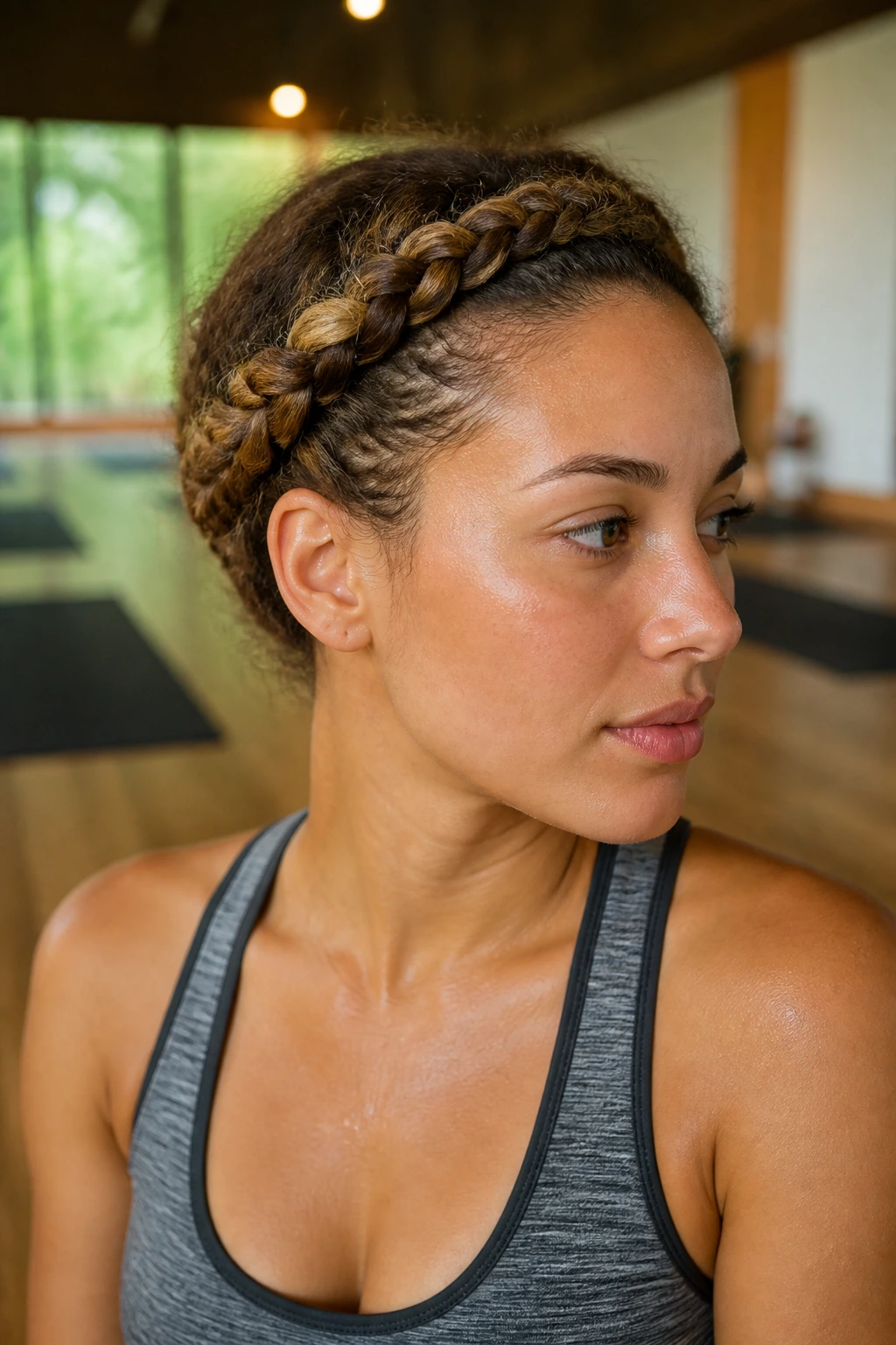 Close-up of real woman wearing a crown braid around her head during workout.
