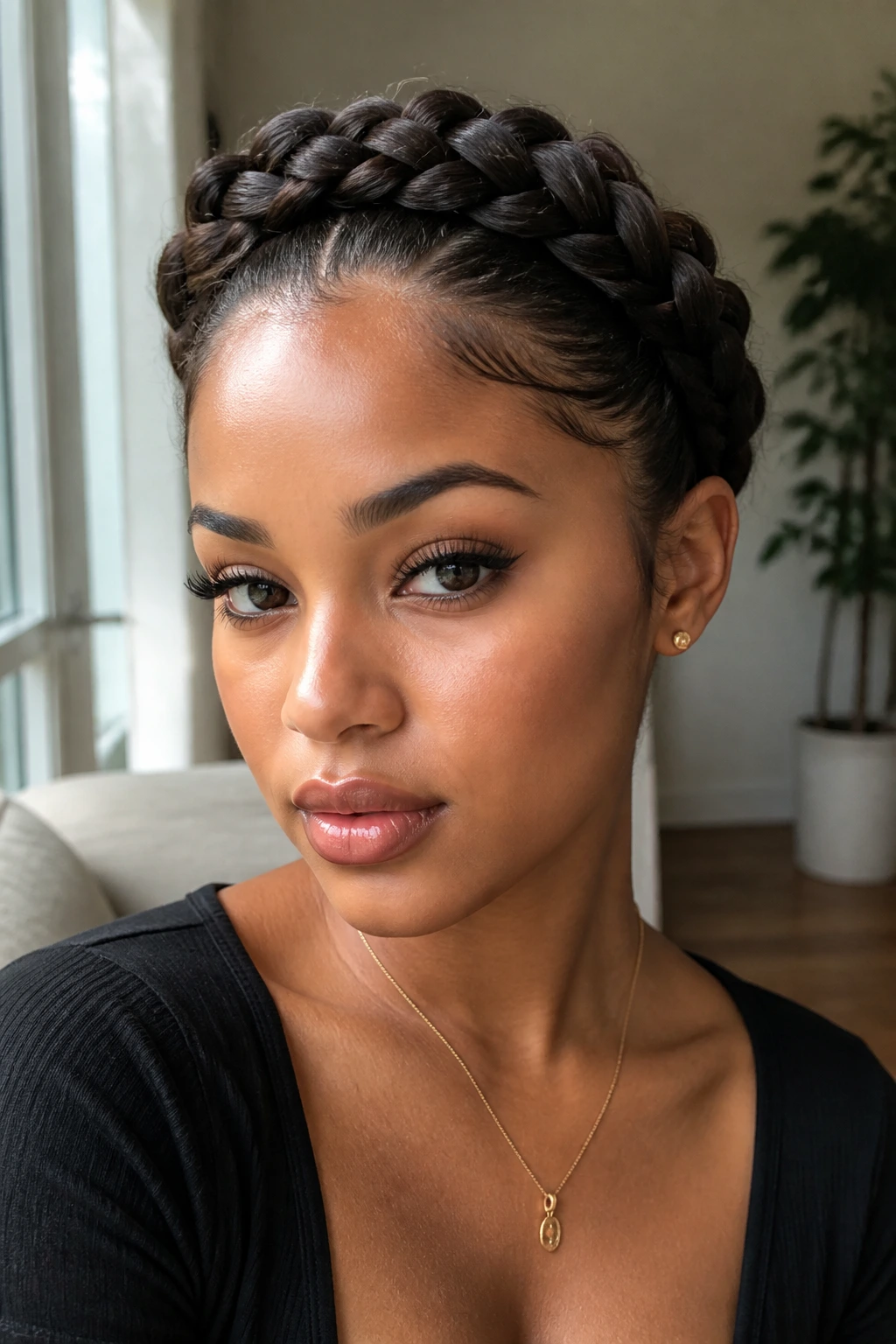 Woman wearing a crown braid wrap around the head.