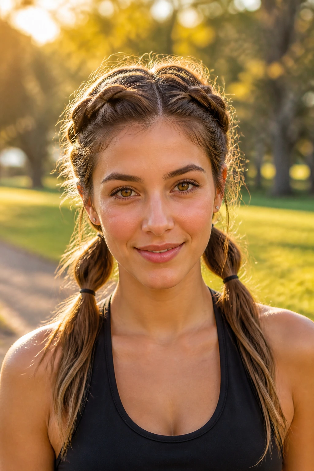 Front-facing Crown-Braided Pigtail Hybrids on a real woman in a park