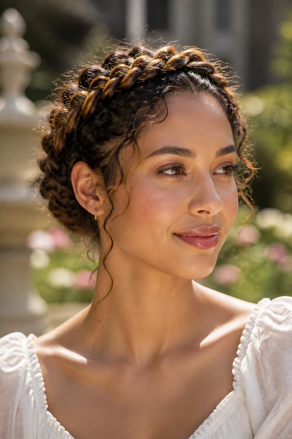 Portrait of a person with crown braids around the head in a garden setting