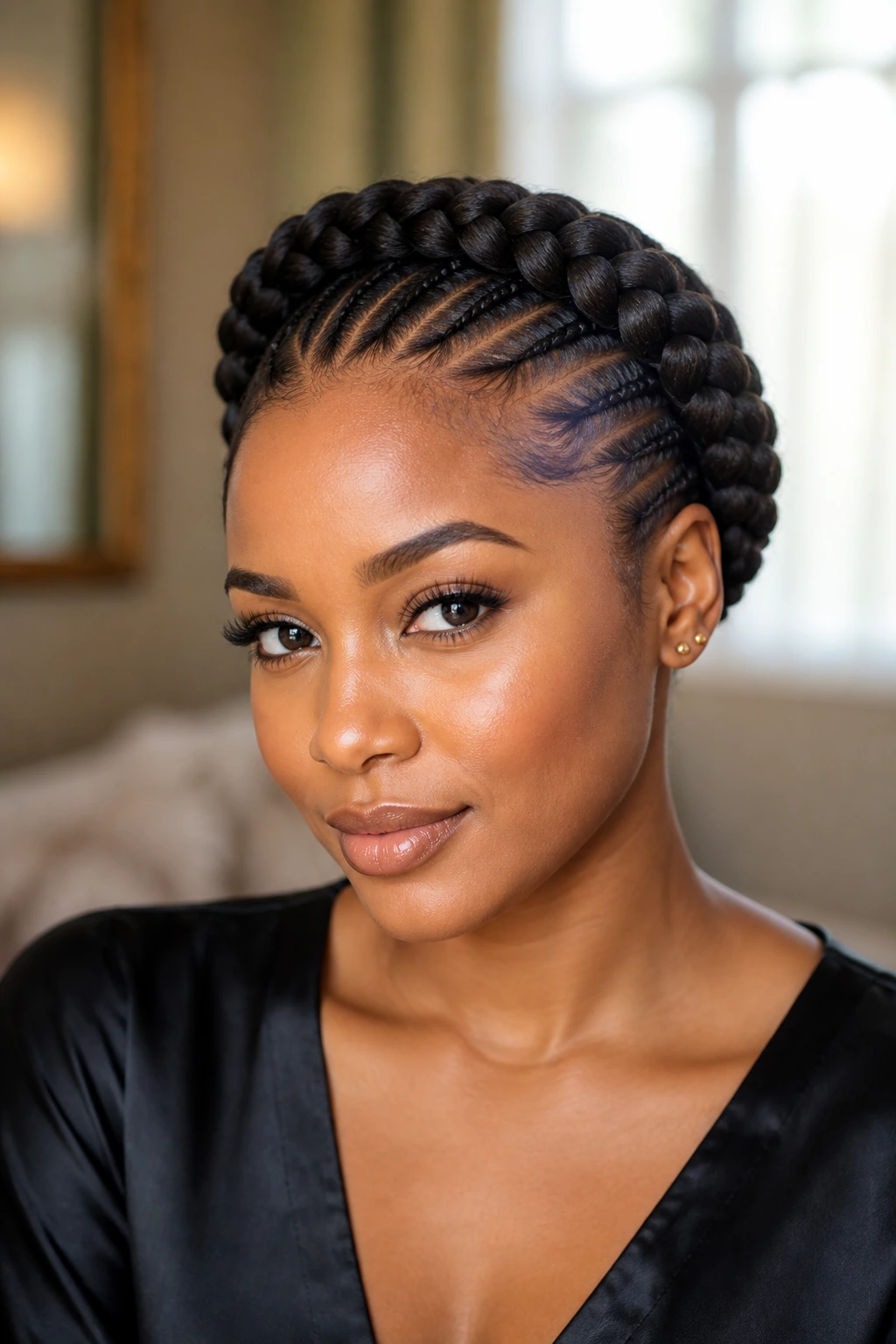 Real person wearing a crown braid halo around head