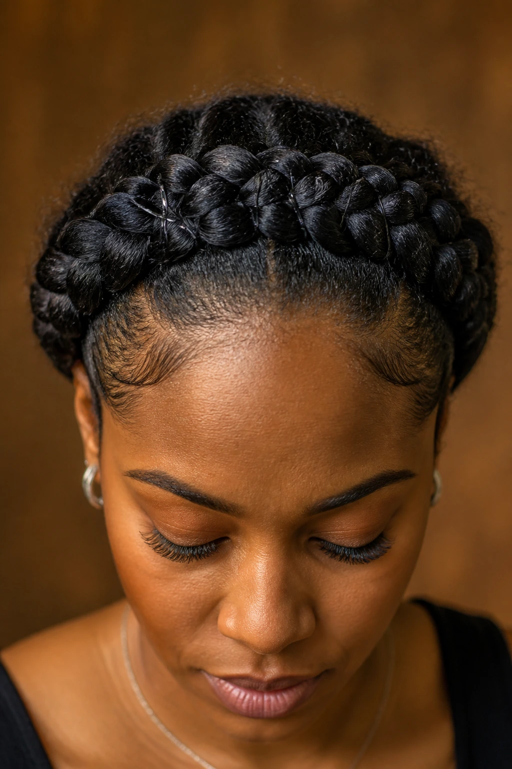 Close-up of a real person wearing crown braids with reinforced pins around the head.