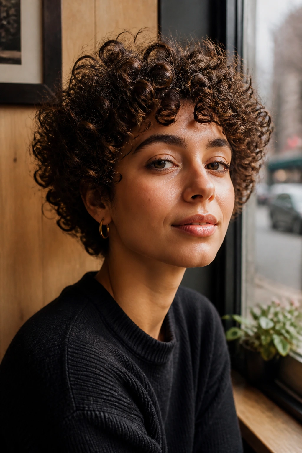 Close-up of a person with a crown cut halo of curls around the head
