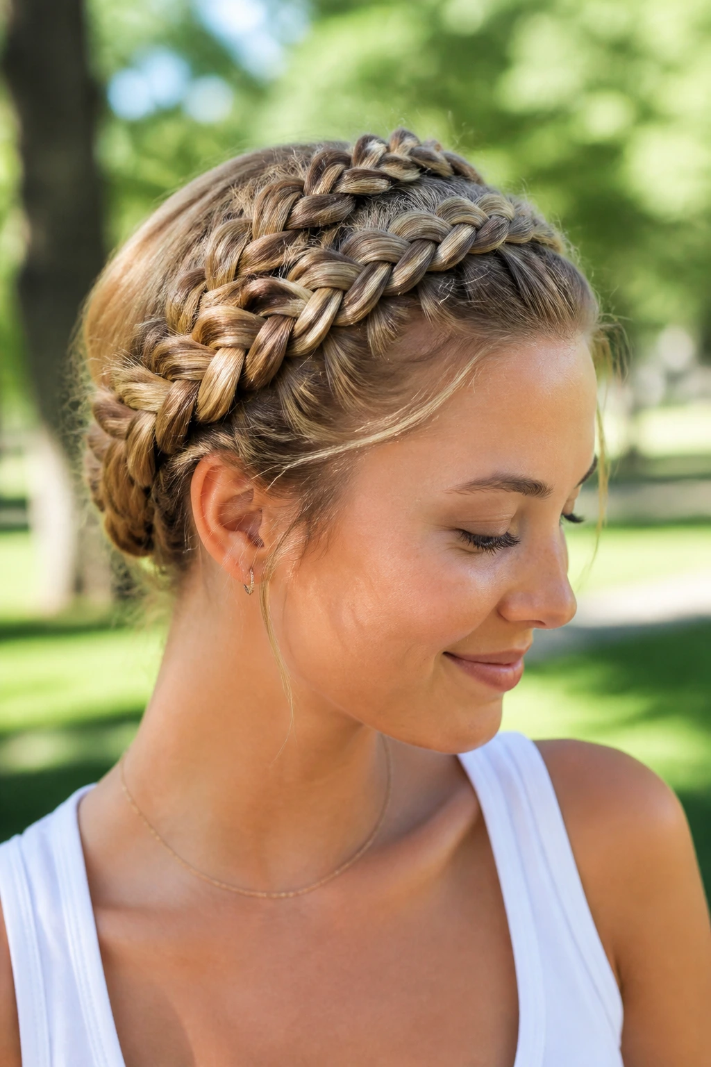 Close-up portrait of a real woman with two Dutch braids forming a crown around her head