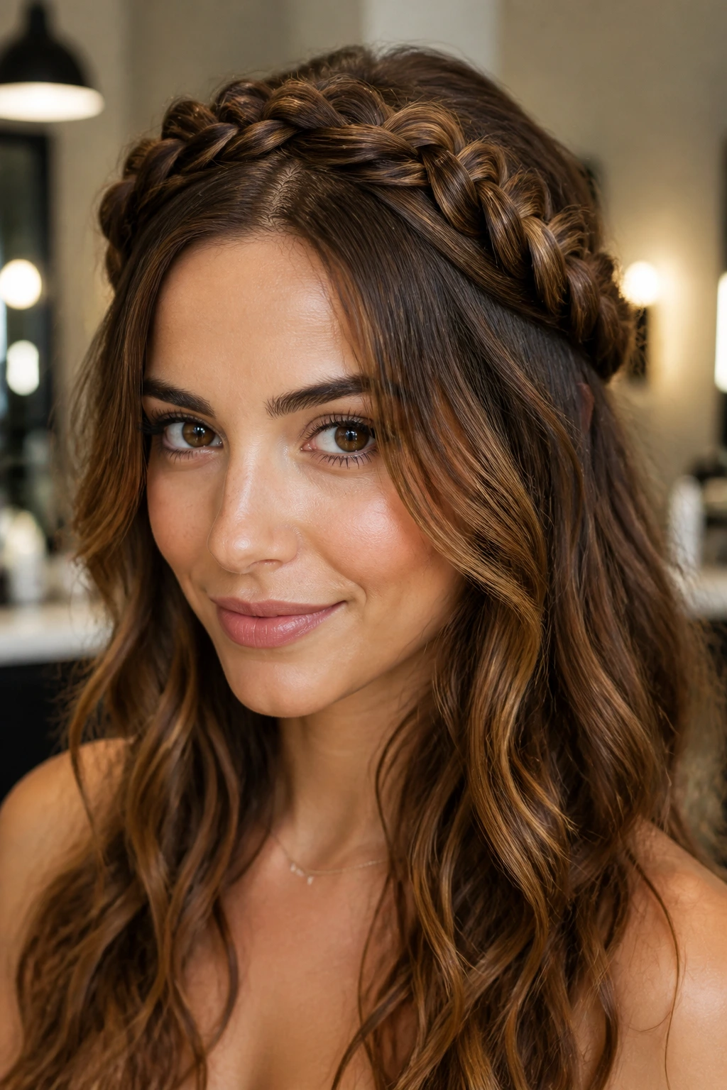 Portrait of a real woman with a crown fishtail braid around the head.