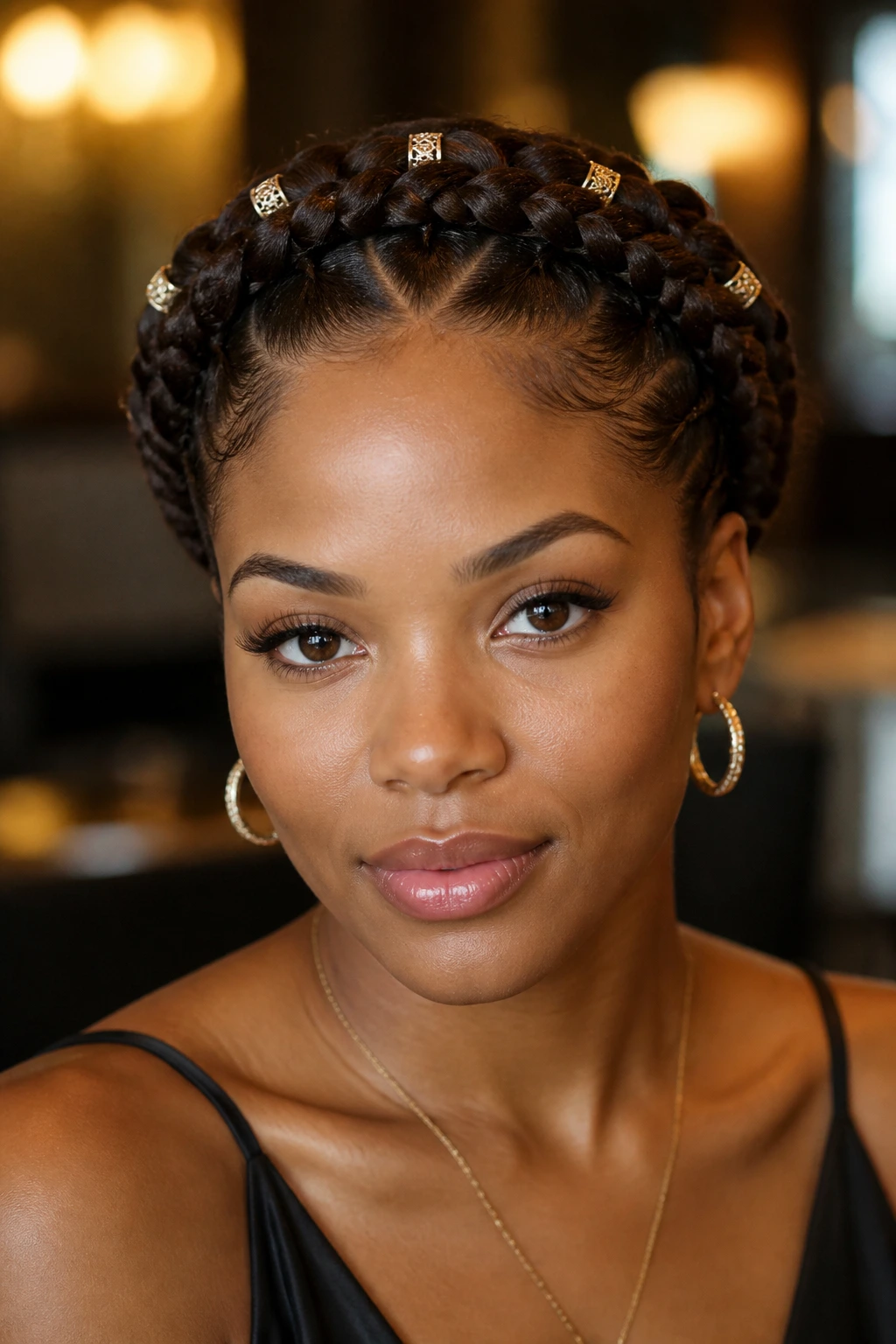 Close-up of a real woman wearing a crown halo braid with metallic cuffs