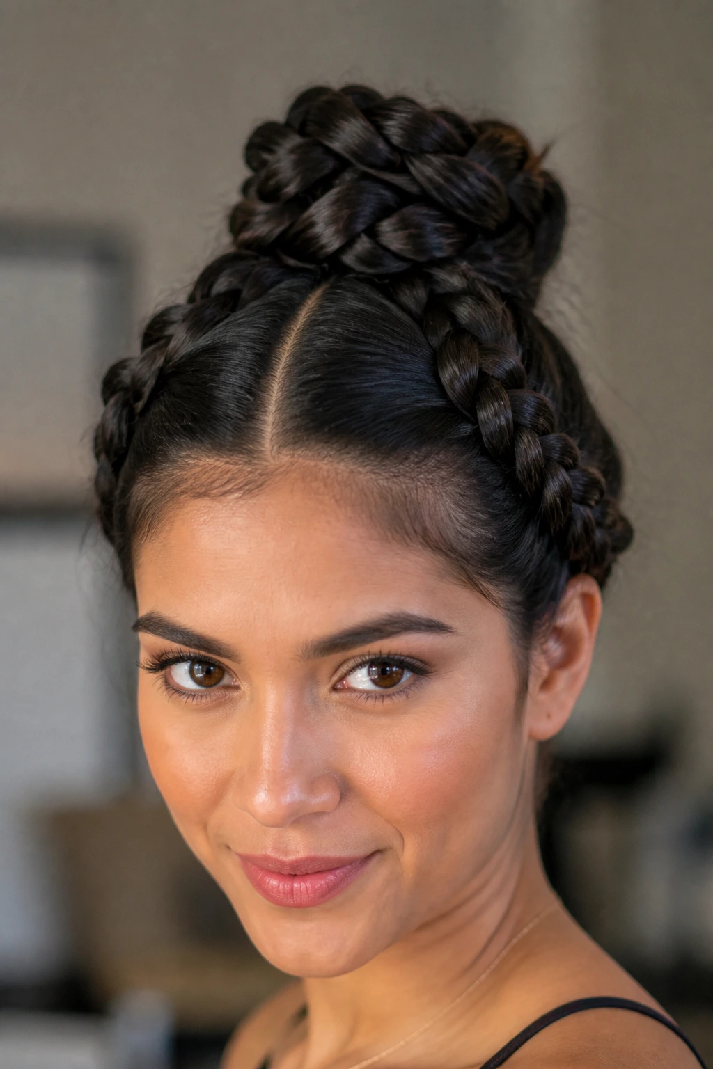 Close-up of a real woman with a crown knot braid around the head on thick hair.