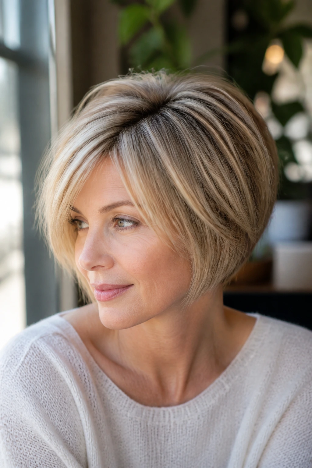 Portrait of a woman with crown-lift bob showing crown volume in natural light