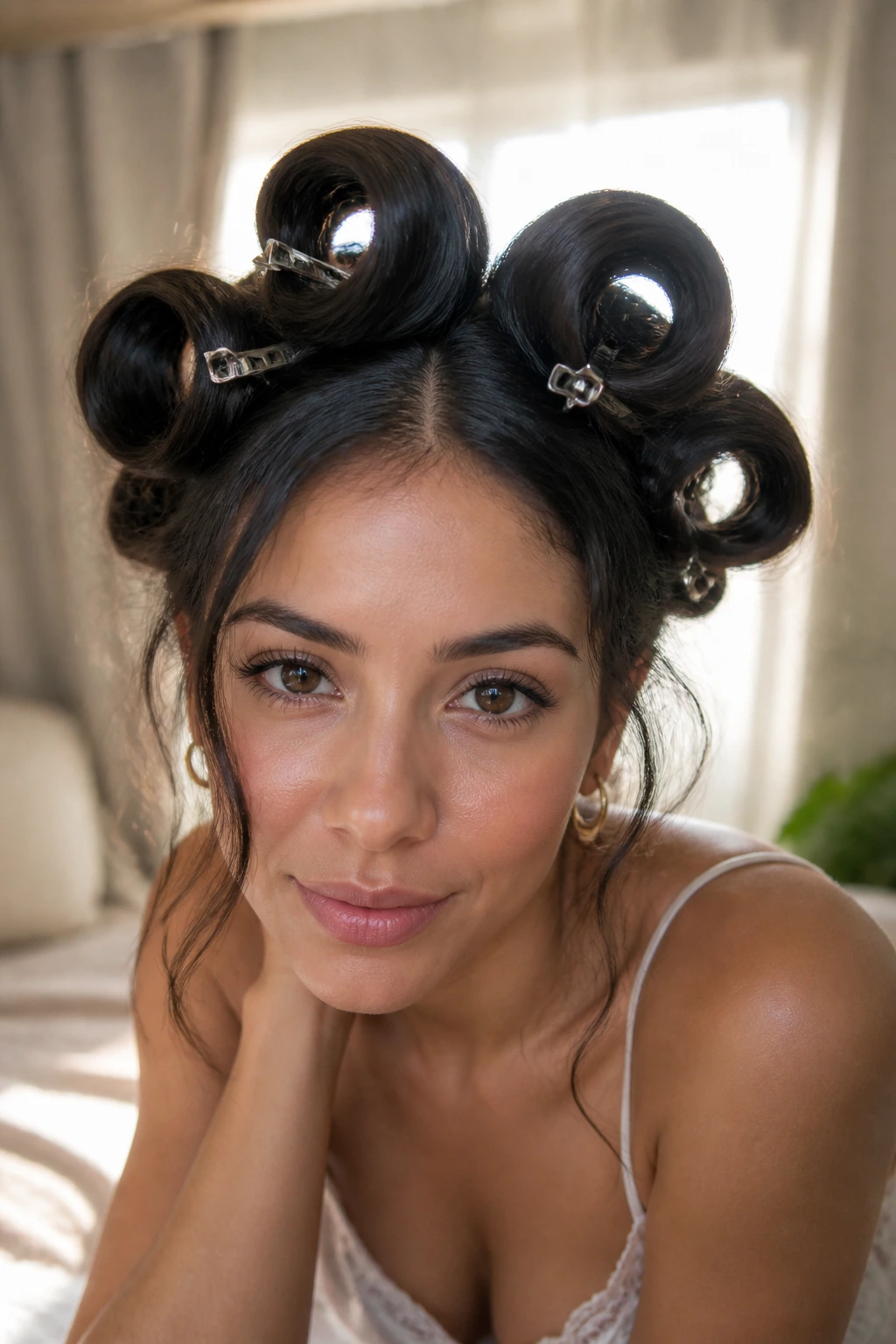 Portrait of a real Latina woman with crown lift pin curls on top of the head