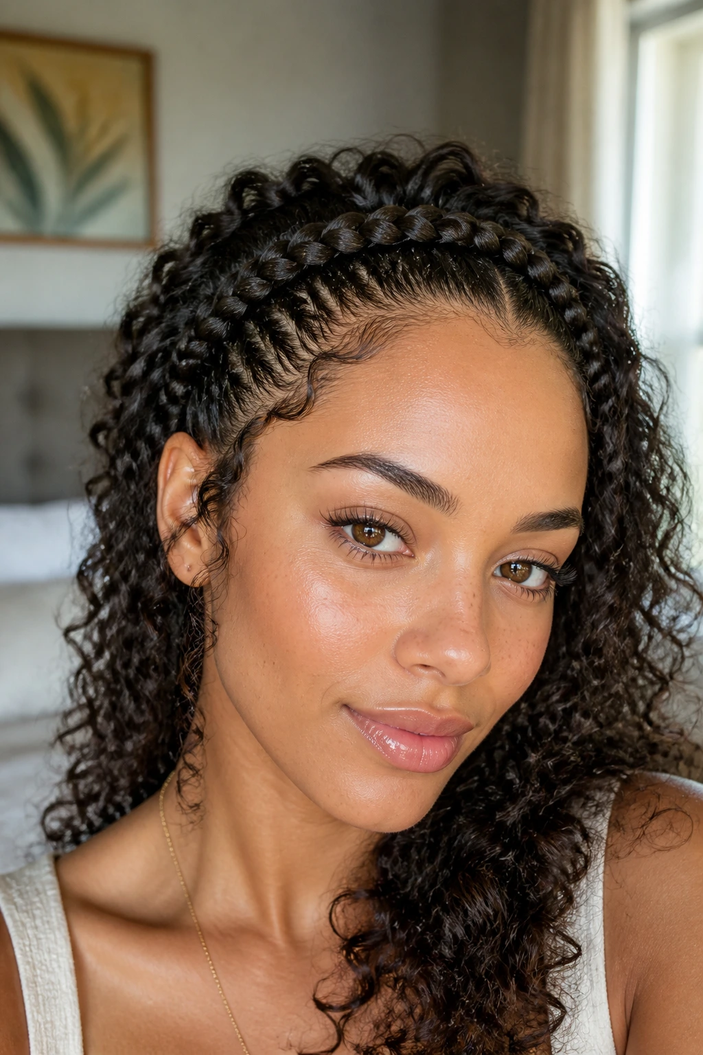 Close-up of a real woman with a crown micro-braid halo around the hairline