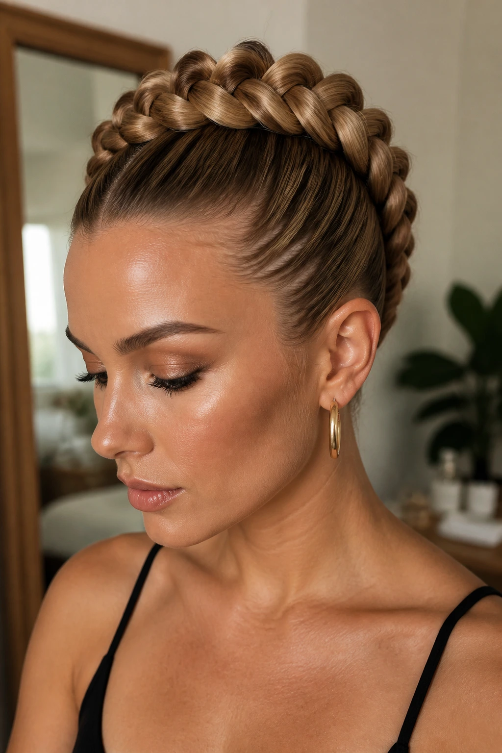 Close-up of real person with circular crown braid forming a mohawk