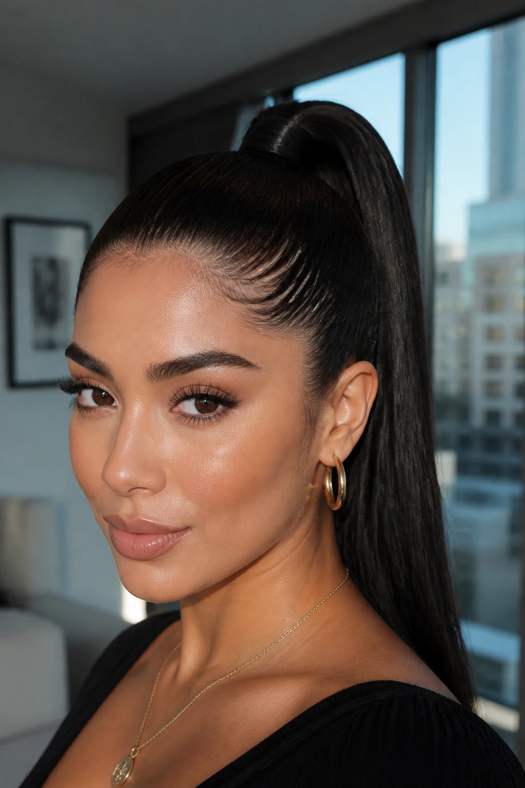 Close-up of a real woman with a sleek, regal crown ponytail.
