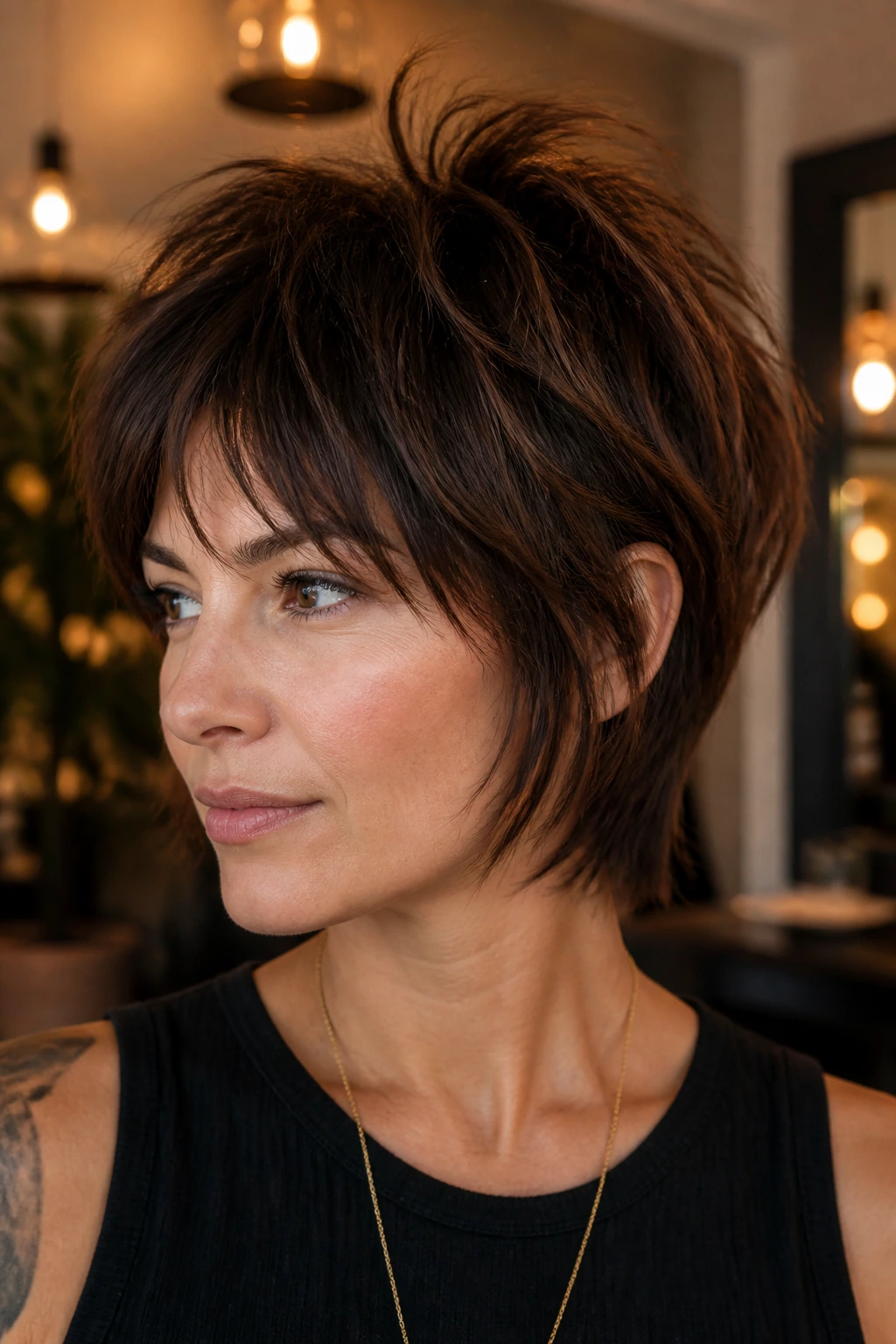 Close-up of a real woman with crown-shag volume from short crown layers