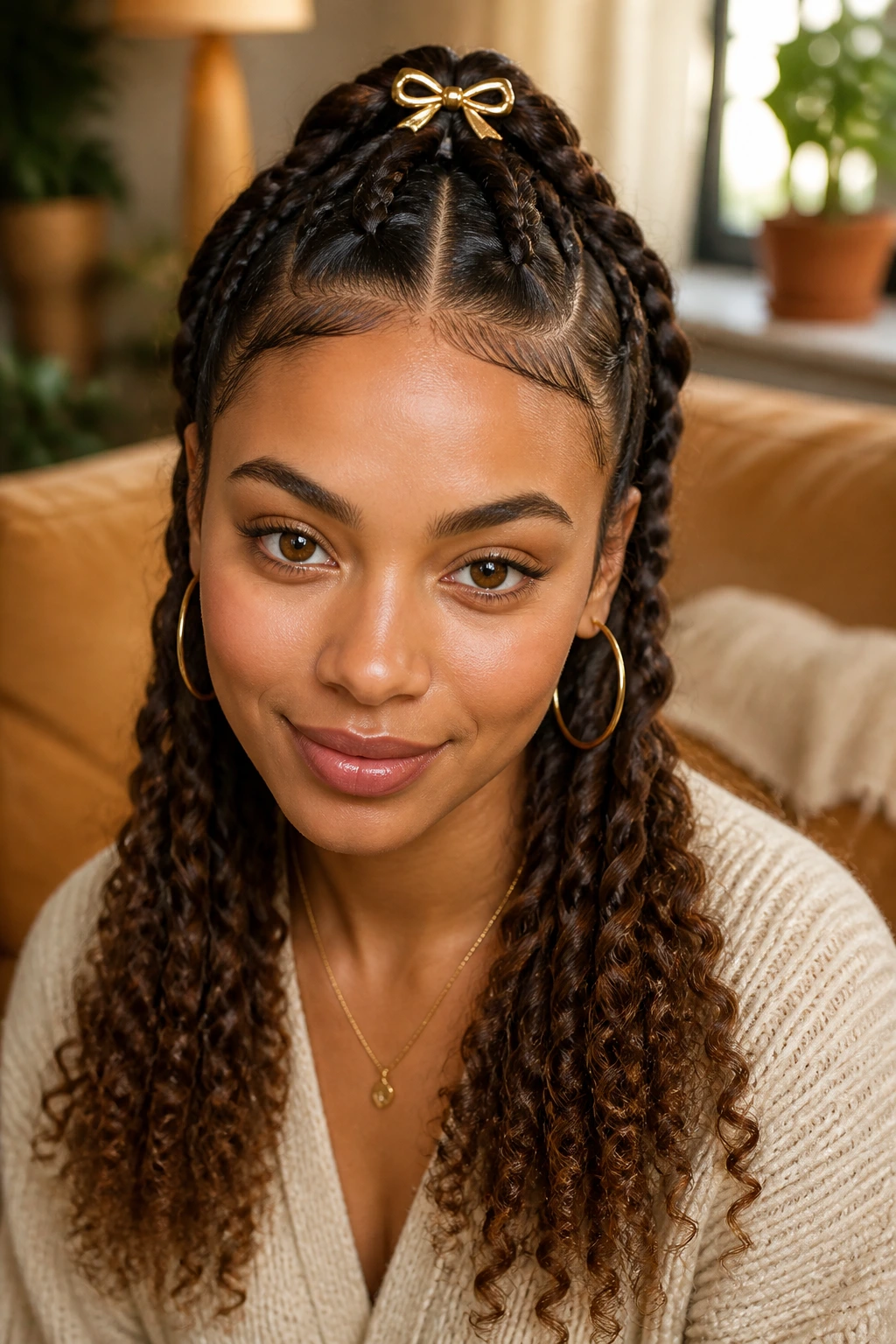 Close-up of a real woman showing crown-tied double braids with decorative clip