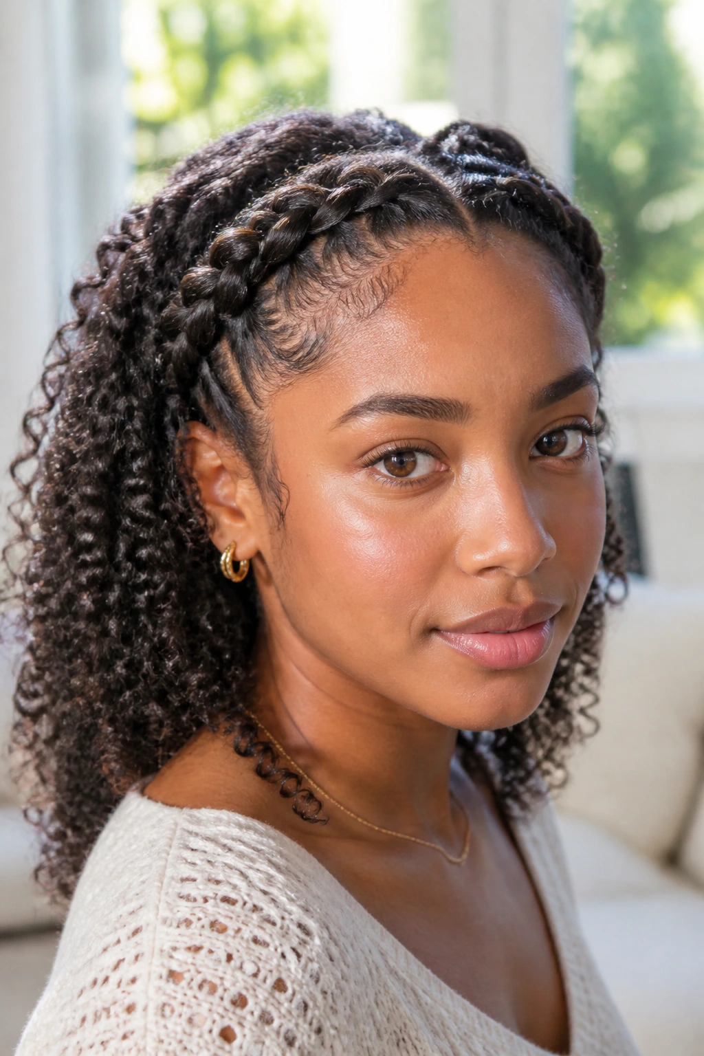 Close-up of crown twists with textured natural curls framing the face