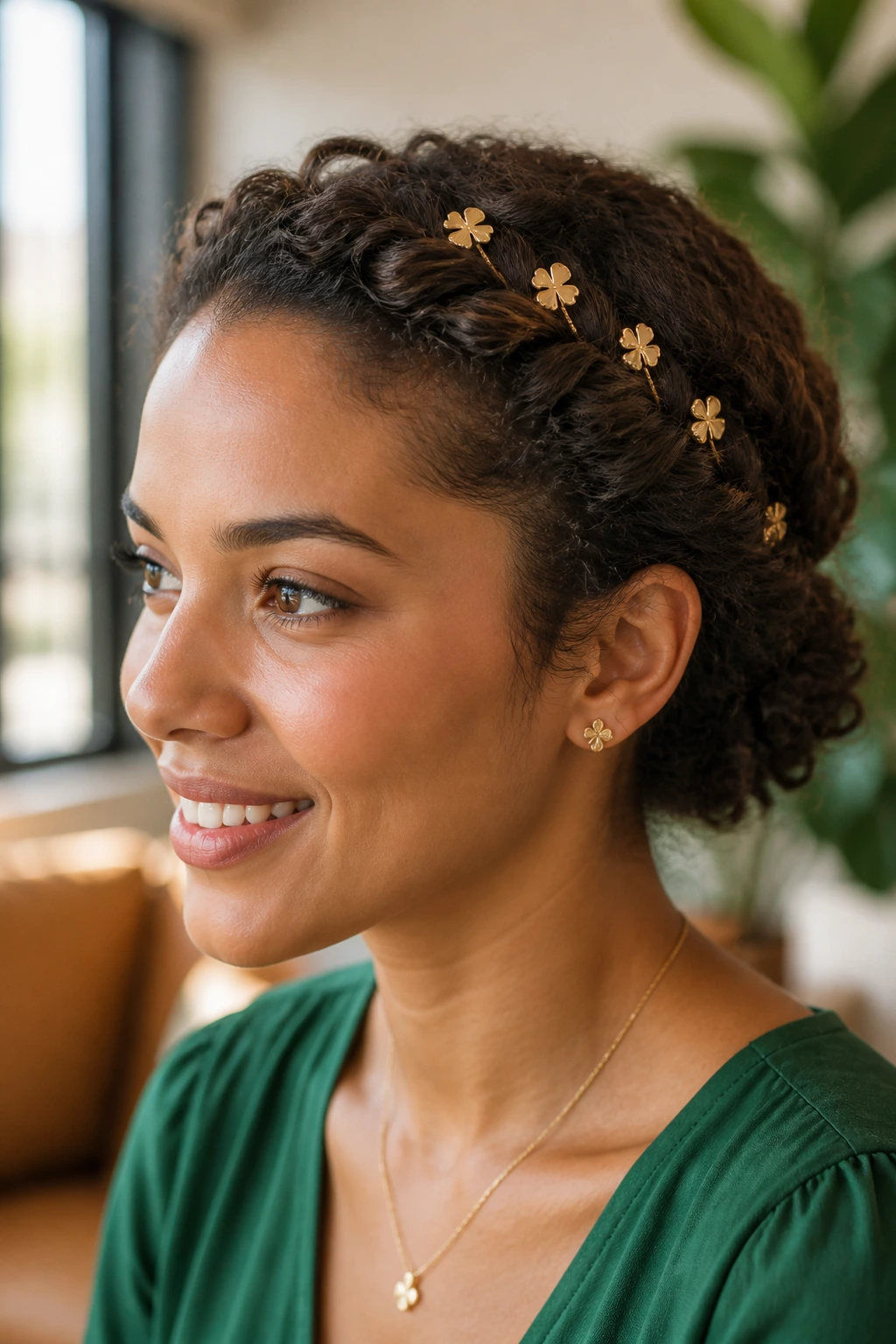 Close-up of a real woman with crown twist and gold cloverleaf pins