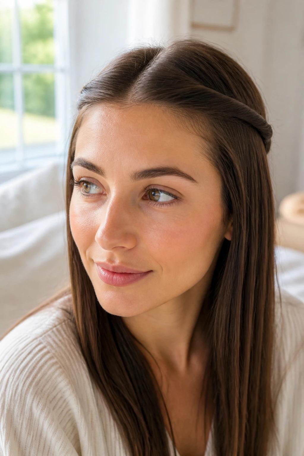 Close-up of a crown twist hairstyle framing the face.