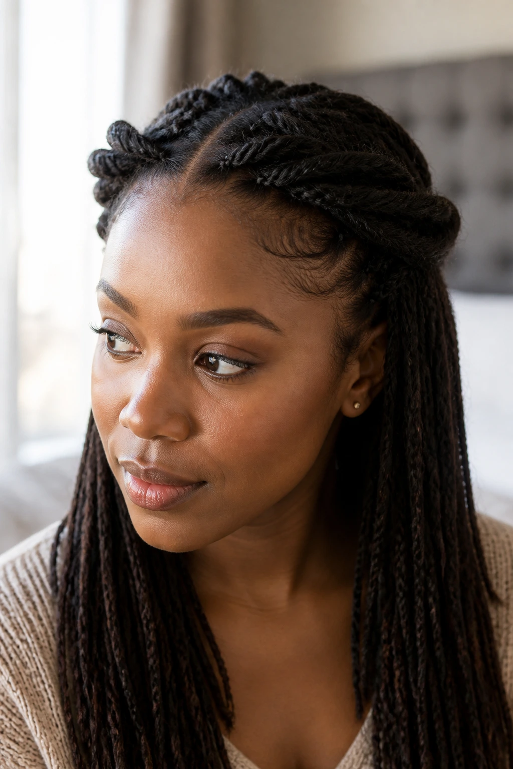 Close-up of a real woman with crown twist hairstyle, two front twists pinned at back