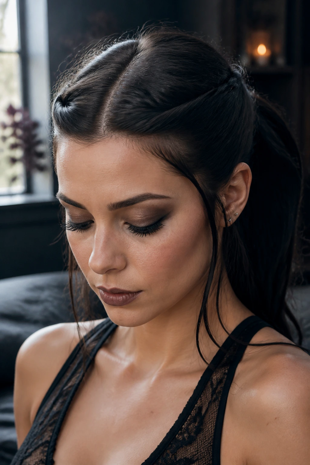 Close-up of crown twist with hidden elastic in goth workout aesthetic
