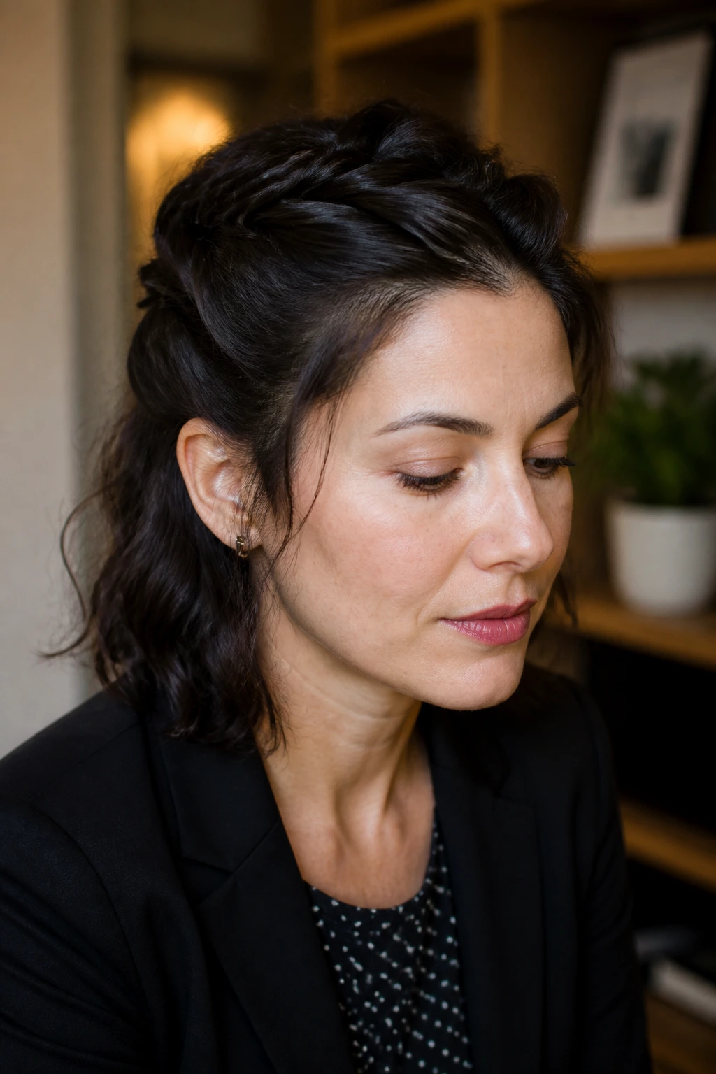 Woman with pinned-back crown twists in an office setting
