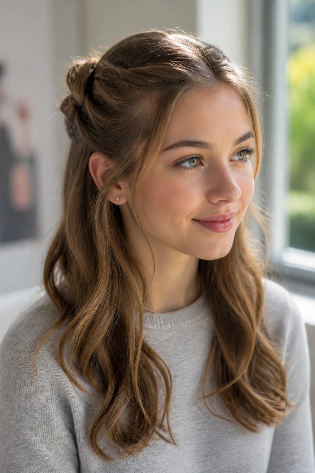 Portrait of a person wearing half-up crown twists