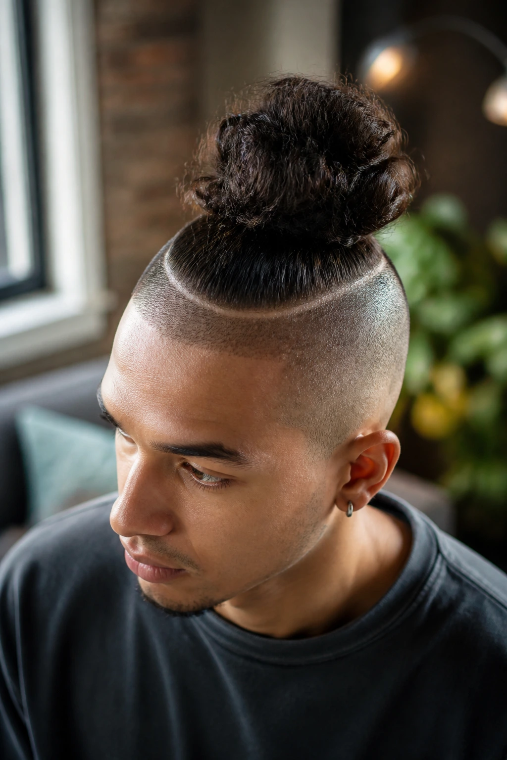 Close-up portrait of a real person with a crown undercut featuring a shaved circular crown and a long top knot.