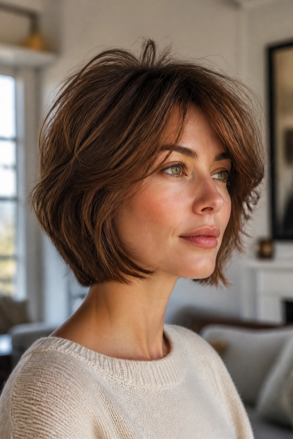 Portrait of a woman with crown-volume French bob showing lift at the crown