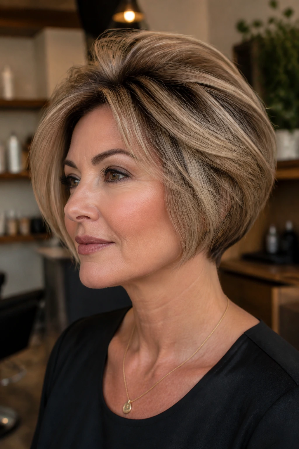 Portrait of person with crown volume bob showing teased crown