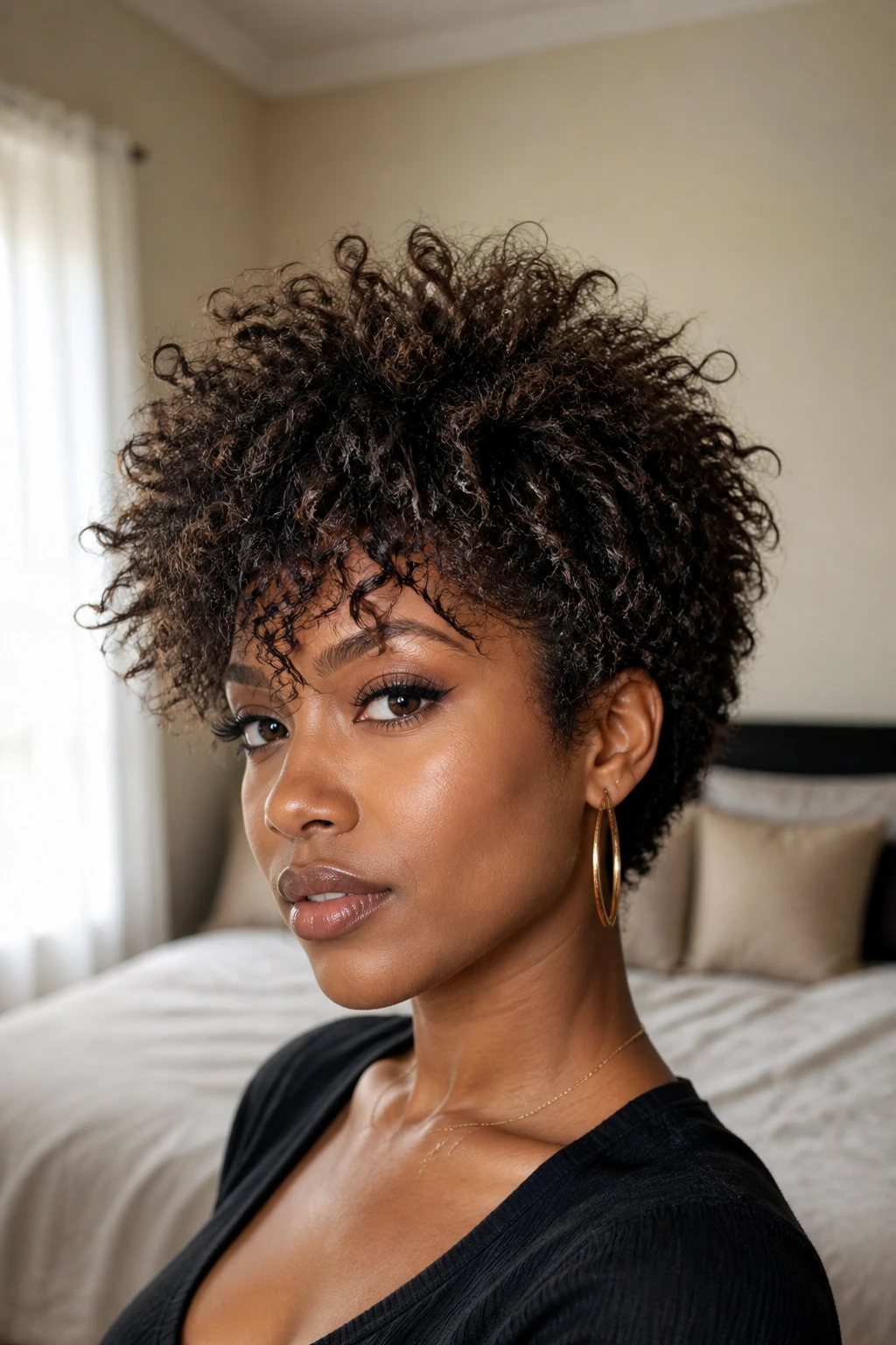 Close-up portrait of a woman with dramatic crown-volume shag hair.