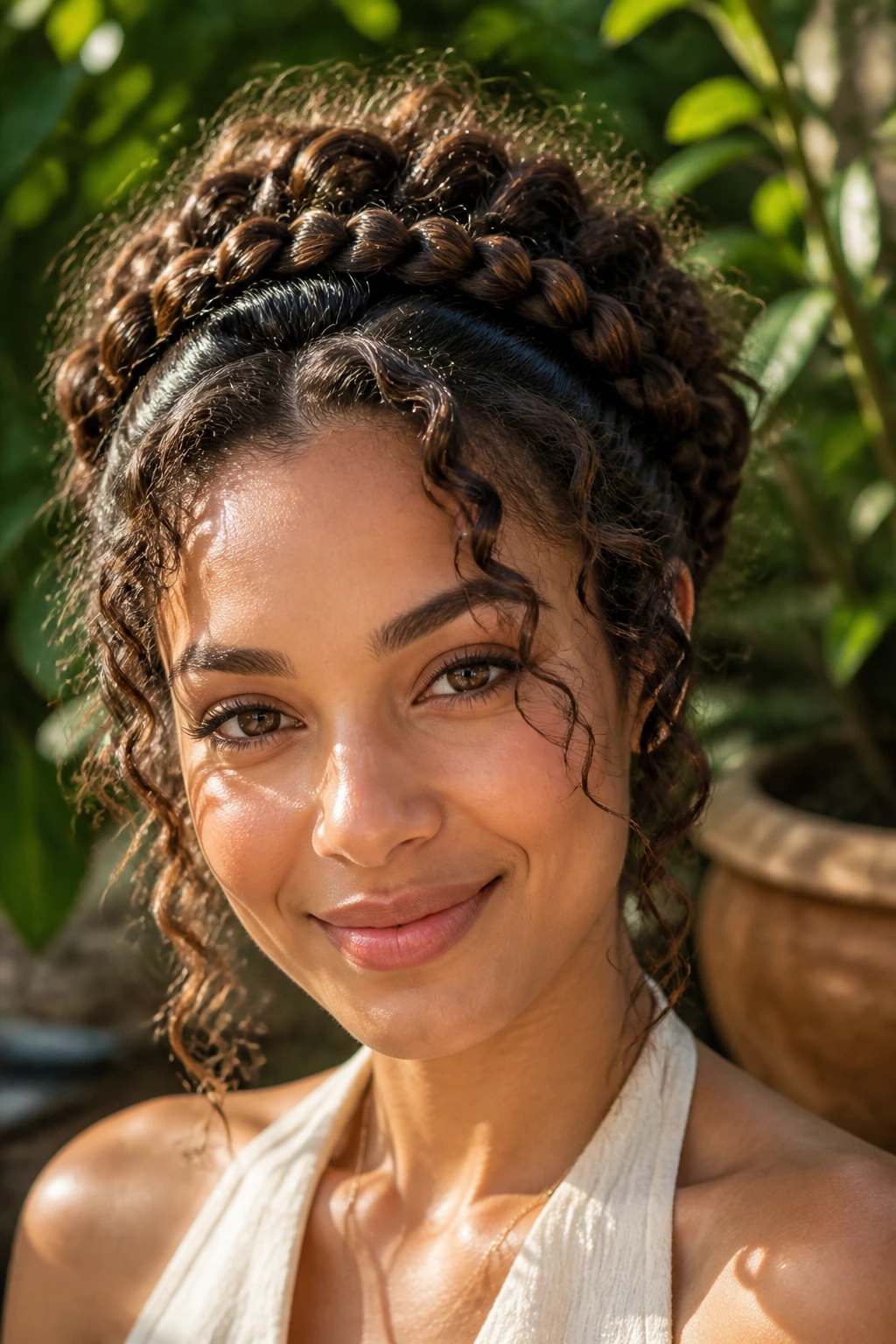 Real woman wearing crown-wrapped double braids across the head