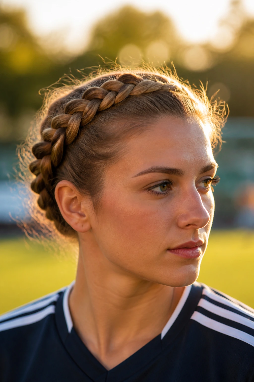 Close-up of a crown-wrapped French braid around the head.