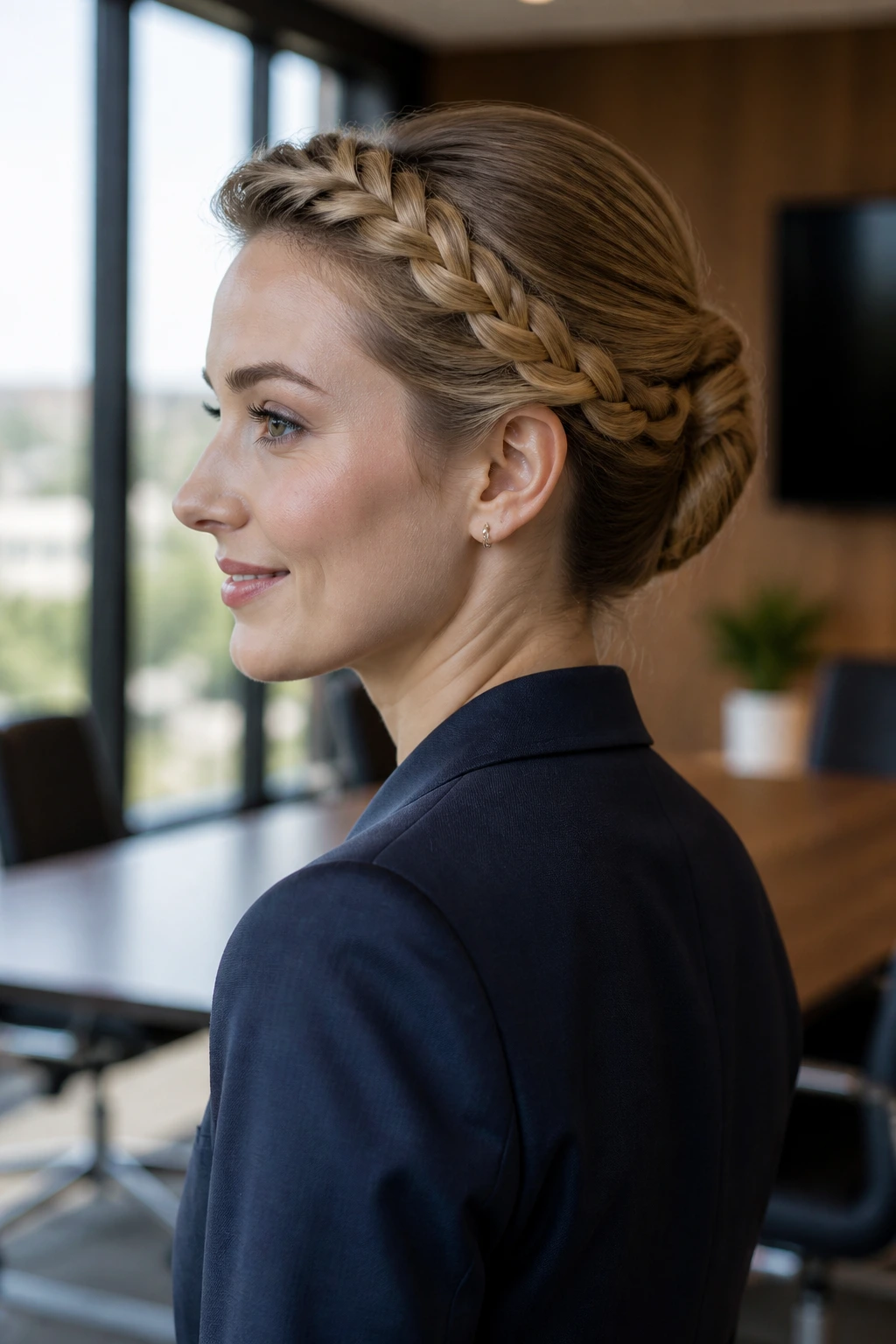 Side portrait of a real woman with a crowned French twist and front crown braid.