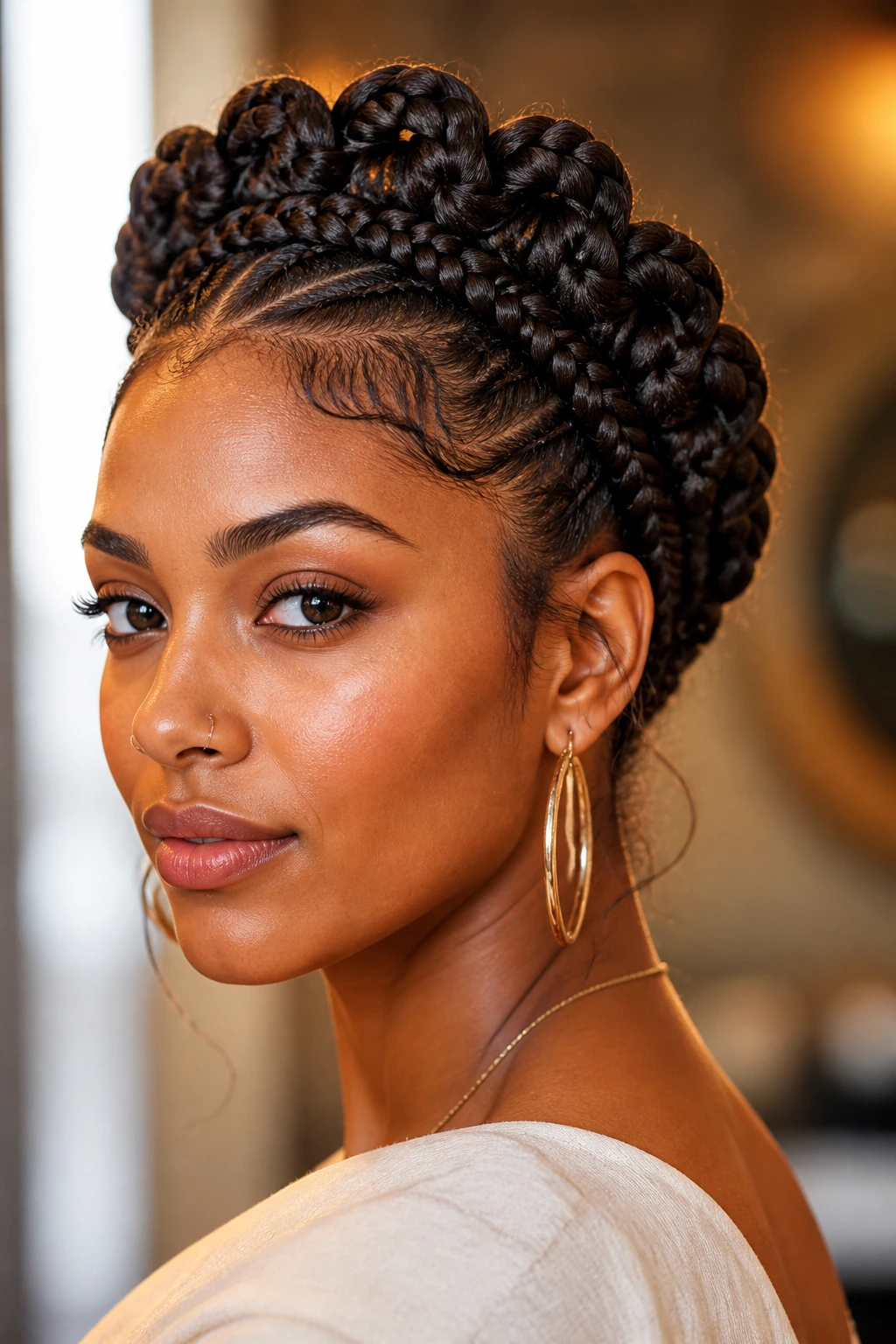 Close-up of a real woman with crown-loop goddess braid forming a tiara at the crown