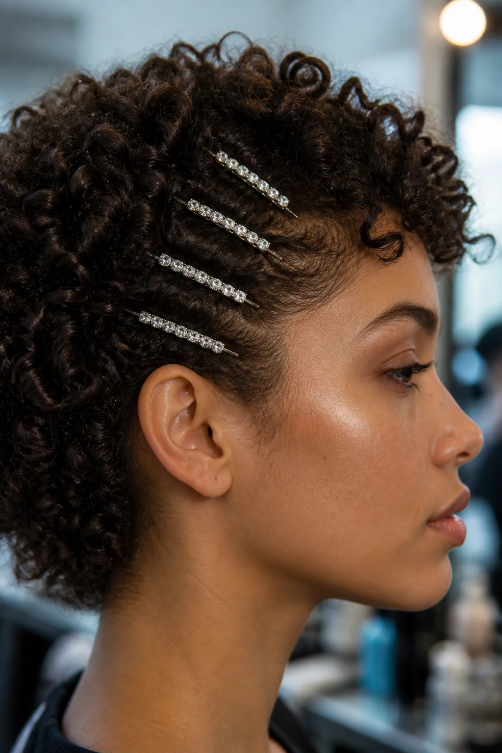 Close-up side profile of a real woman with a line of crystal bobby pins along the hairline