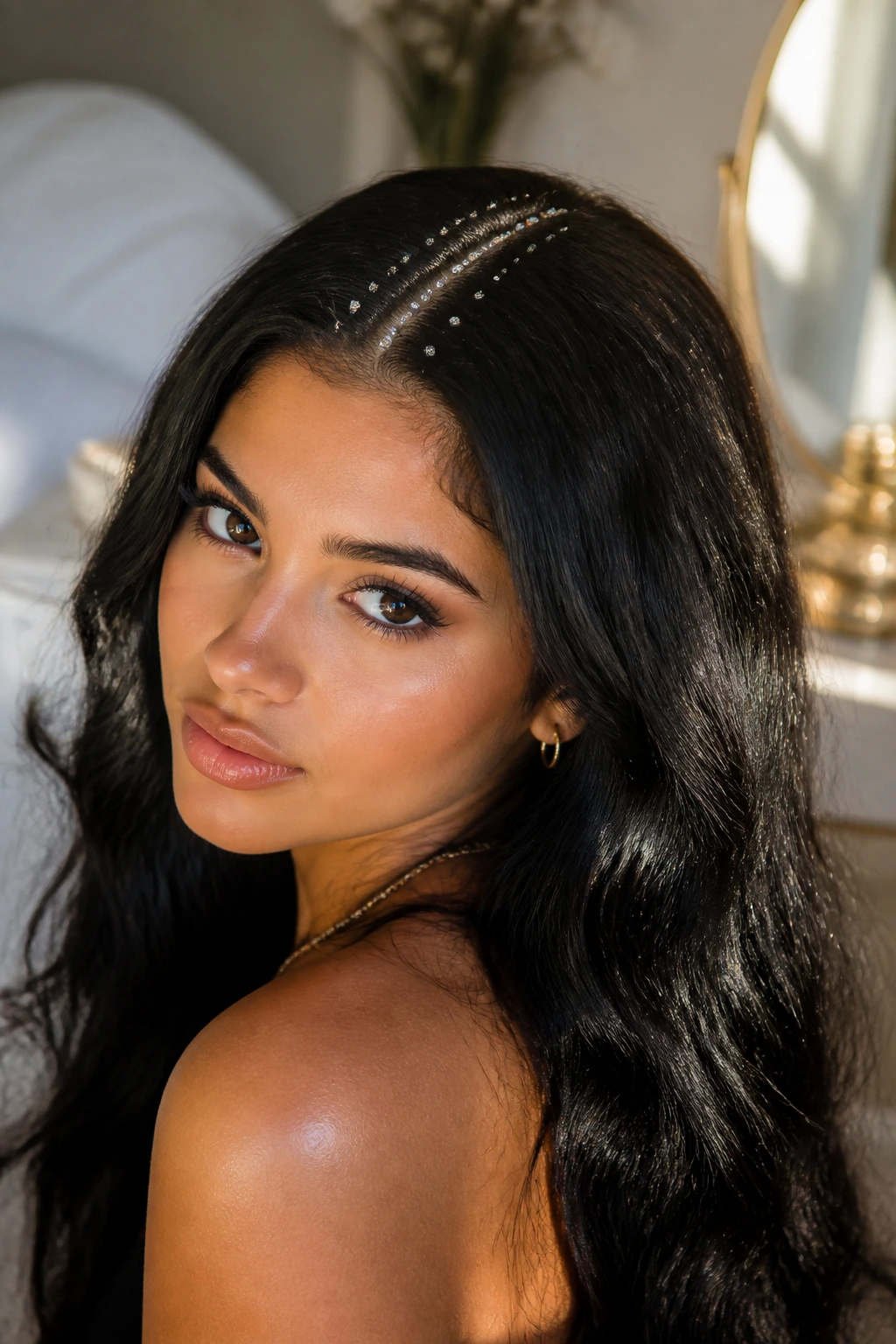Close-up of Latina woman with crystals along her part line in dark textured hair