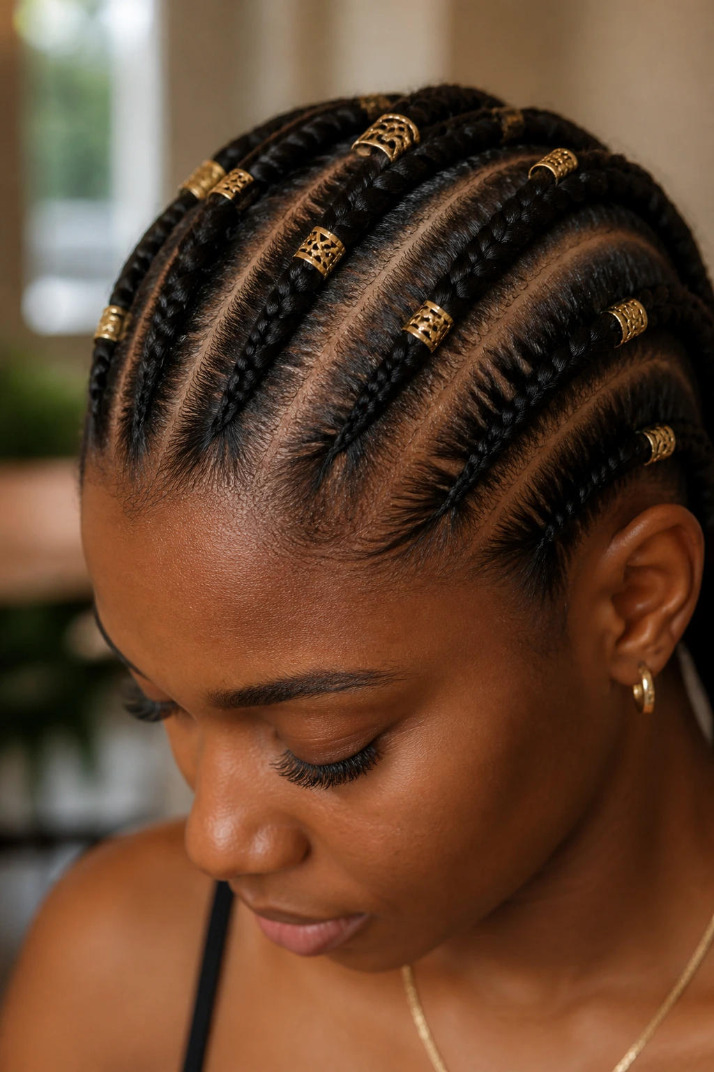 Close-up of cornrows with added cuffs on a real person.