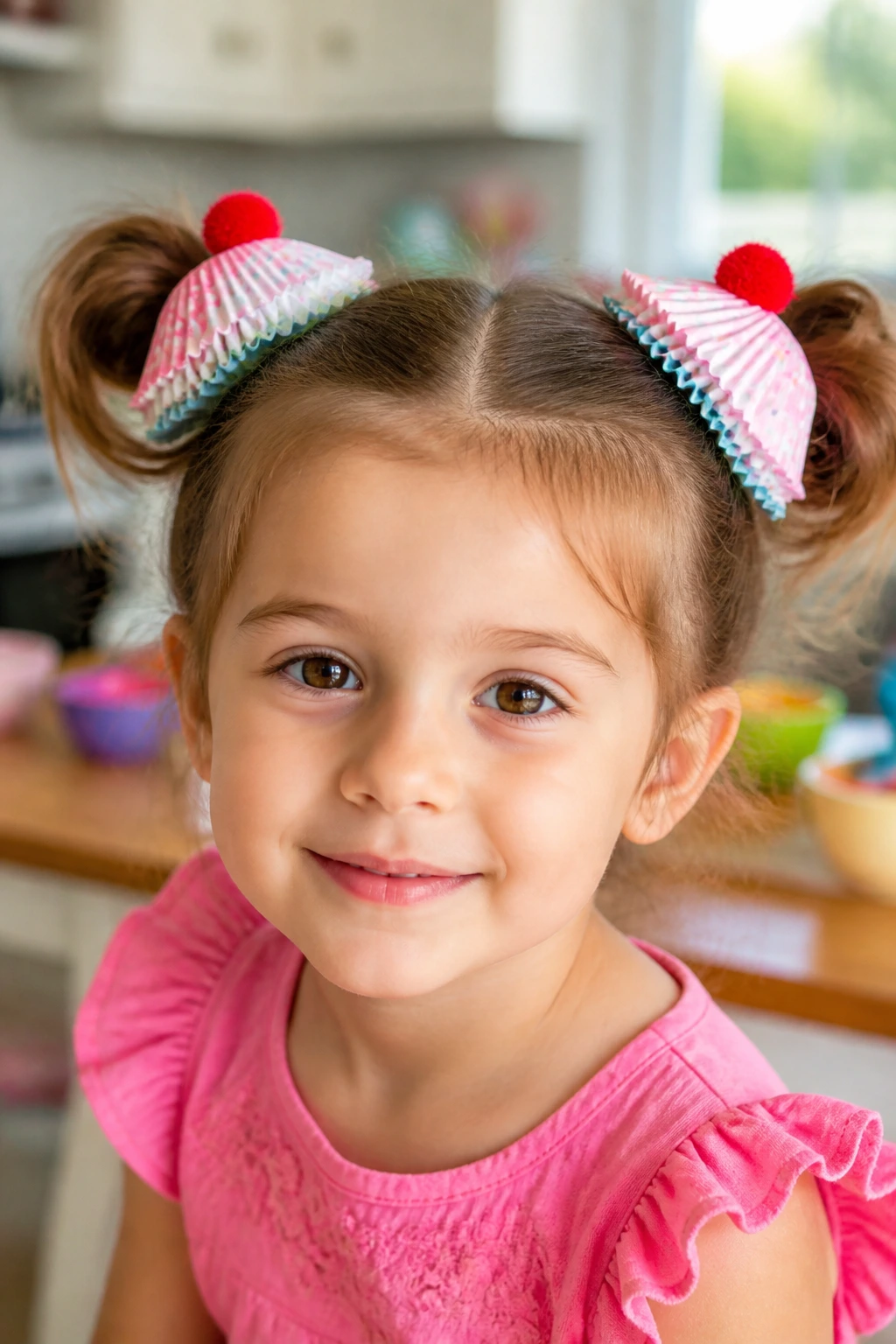 Child with cupcake wrapper pigtails hairstyle