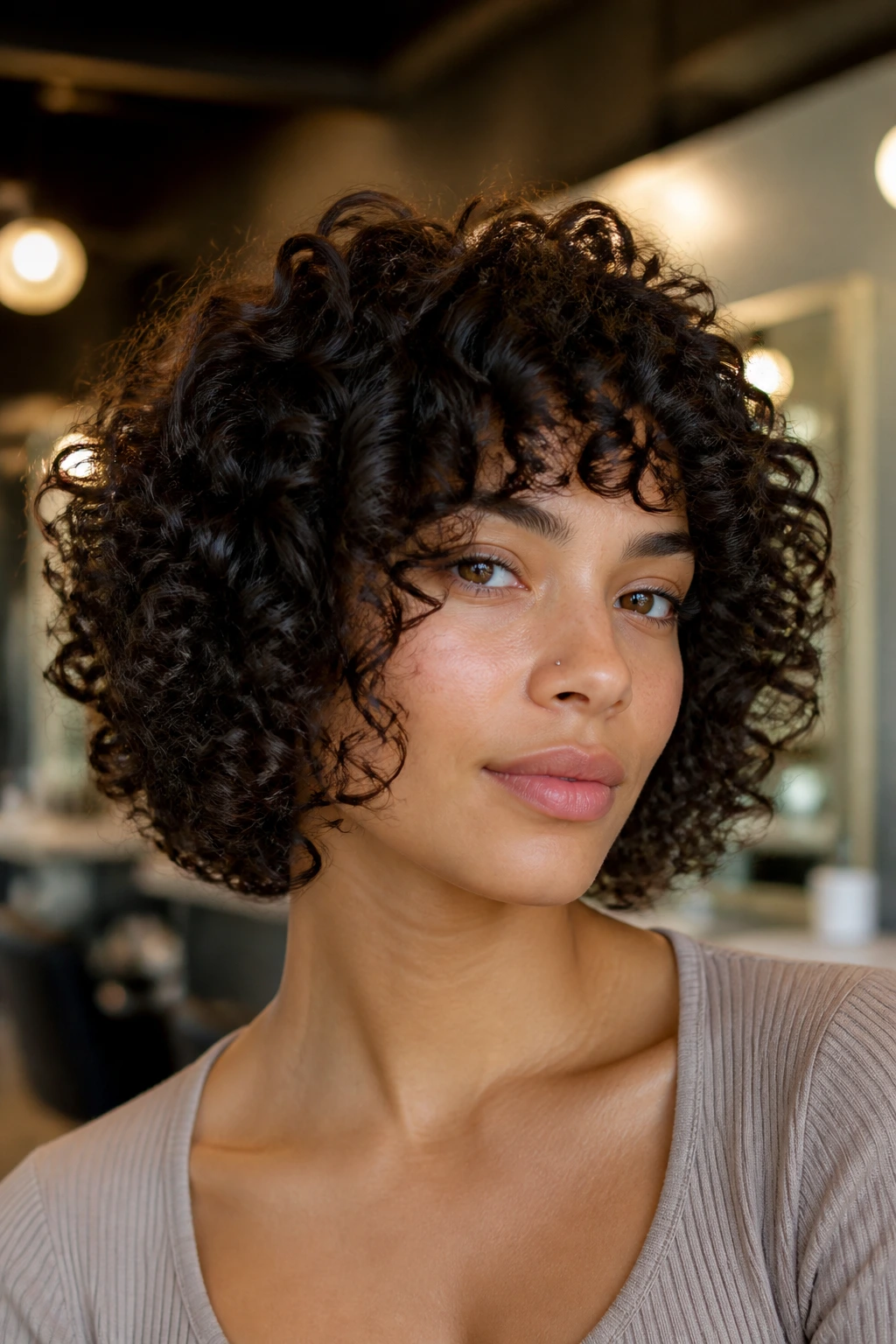Close-up portrait of a real person with a tailored curly haircut